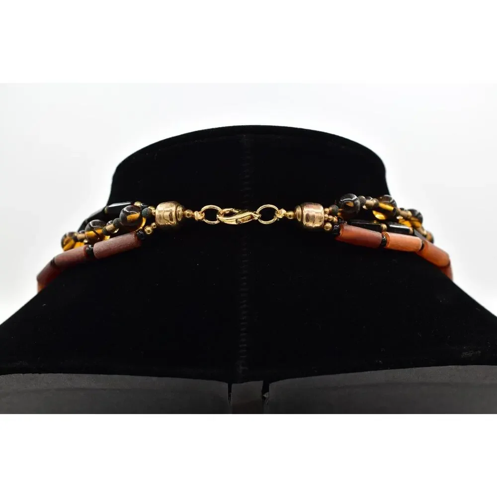 Carol Halmy Vintage Ceramic Beaded Necklace Hand Made Tiger Golden Signed Bin4A